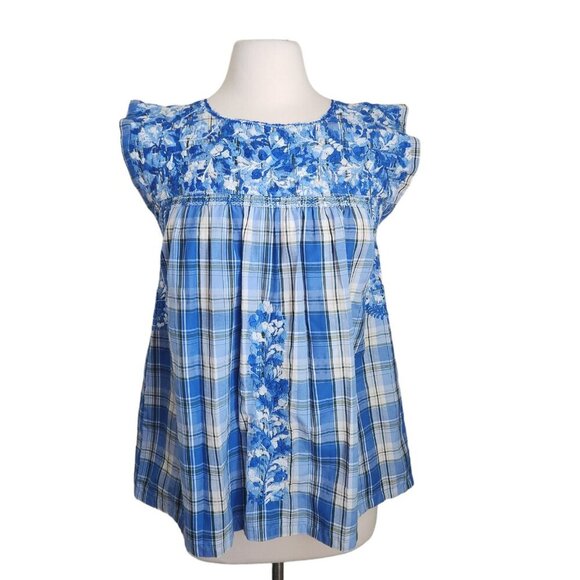 MI GOLONDRINA Soledad Blouse Women's Small Floral Ruffle‎ Top Lago Blue Plaid - Picture 12 of 12